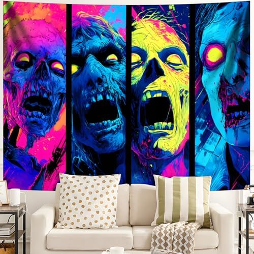 Blacklight Halloween Tapestry Horror Moon Night Scary Cemetery Pumpkin Lantern Halloween Tapestry Wall Hanging Skull Horror Poster Banners for Bedroom Livingroom (Four zombies, 79L" x 59W", Unframed) - Image 2