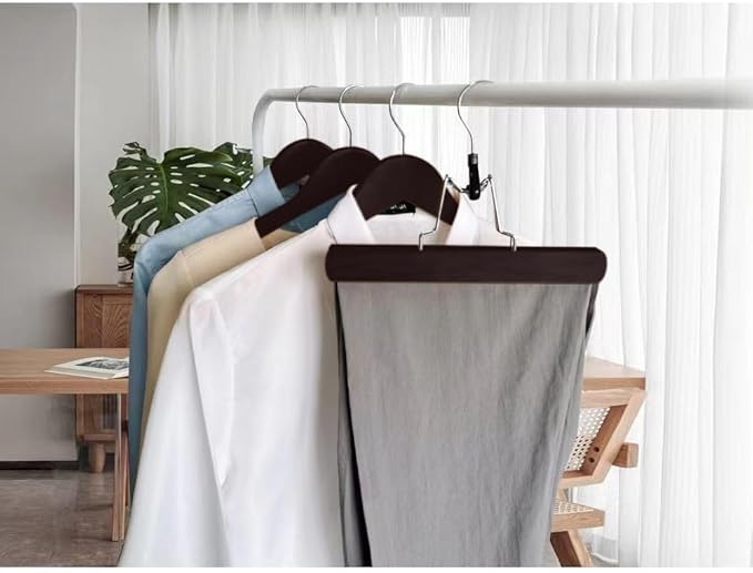Richards Wooden Pants Hangers - Wood Skirt Hangers - 6 Pack - for Men Shorts and Pants and Women Dress Clothes - Non Slip Slim Closet Space Saving- Walnut