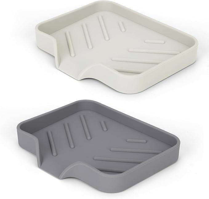 Silicone Soap Dish for Shower with Self Draining, 2 Pack Soap Holder for Bathroom, Silicone Sponge Holder for Kitchen Sink, Soap Tray for Dispenser, Scrubber, Bottle, 4.7"×3.9", Grey & Beige White