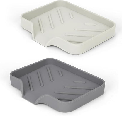 Silicone Soap Dish for Shower with Self Draining, 2 Pack Soap Holder for Bathroom, Silicone Sponge Holder for Kitchen Sink, Soap Tray for Dispenser, Scrubber, Bottle, 4.7"×3.9", Grey & Beige White