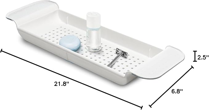 madesmart Expandable Bath Shelf, Adjustable Bathtub Tray for Bath-Night, Holds Glasses, Soaps, Toys & Bath Essentials, Non-Slip Grip, Fits Most Tubs, Blue