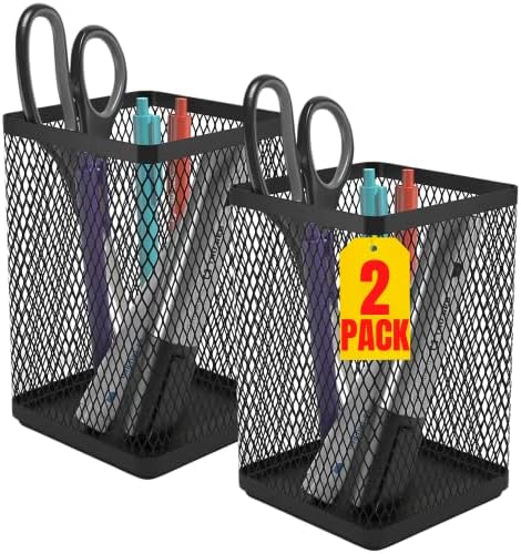 1InTheOffice Pencil Cups for Desk, Jumbo Pencil Holder, Stackable Wire Mesh Jumbo Pencil Holder, Matte Black 2 pack by 1InTheOffice
