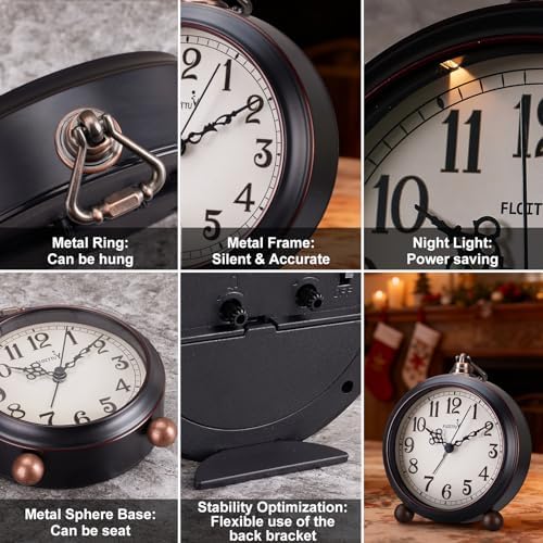 FLOITTUY 4.5" Battery Operated Antique Retro Analog Metal Alarm Clock, Silent Bedside Desk Clock, Wall-Hanging Vintage Clock(Vintage Black) - Image 3