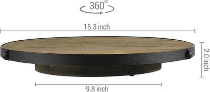 MyGift 15 Inch Lazy Susan Turntable Tray with Round Rustic Burnt Solid Wood Board and Black Metal Accent, Rotating Spice Rack Kitchen Countertop Organizer Home Decor
