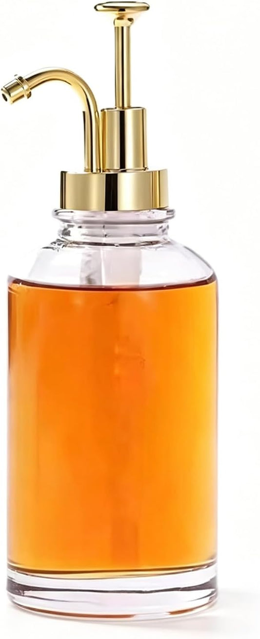 Asixxsix Coffee Syrup Dispenser, 500ml Clear Thickened Glass Soap Dispenser Bottle with PP Press Pump, High and Low Temperature Proof, Syrup Containers for Maple Honey (Gold Pump Head)