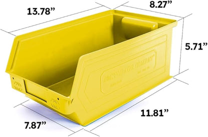 6-Pack Storage Bins, Wall Mount, Stackable & Freestanding, 12”x 8” x 6” Plastic Organizers, Utility Containers for Garage, Home, Workshop, Yellow