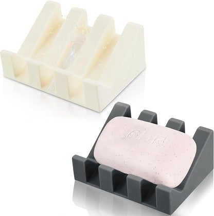 Cunhill 2 Pieces Silicone Soap Dish Self Draining Soap Dish Shower Waterfall Bar Soap Holder Tray with Drain Soap Saver for Kitchen Bathroom Accessories (Dark Grey,Cream White)