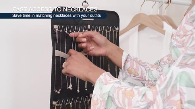 Hanging Jewelry Organizer Storage Roll with Hanger Metal Hooks Double-Sided Jewelry Holder for Earrings, Necklaces, Rings on Closet, Wall, Door, 1 piece, Extra Large, Black