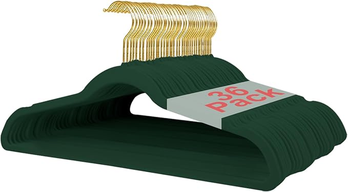 36 Packs Velvet Clothes Hangers, 17.3 Inches Non-Slip Skirt Hangers, Sturdy Dresses Hangers with Shoulder Notches, Space Saving Clothing Hangers for Adults, Dark Green with Gold Hook
