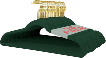 36 Packs Velvet Clothes Hangers, 17.3 Inches Non-Slip Skirt Hangers, Sturdy Dresses Hangers with Shoulder Notches, Space Saving Clothing Hangers for Adults, Dark Green with Gold Hook