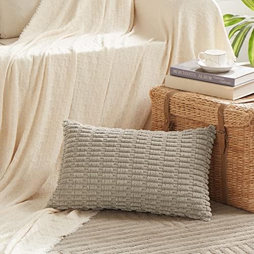 Fancy Homi 4 Packs Neutral Long Lumbar Decorative Throw Pillow Covers 12x24 Inch for Living Room Couch Bed, Boho Home Decor, Soft Striped Corduroy Rectangle Accent Beige Cushion Case 30x60 cm - Image 2