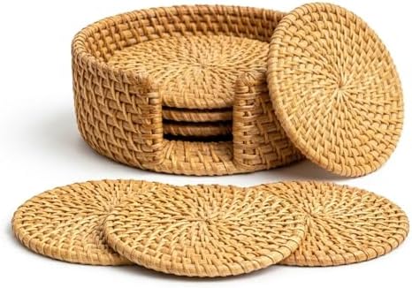 Handwoven Rattan Coasters Set of 6 with Holder – Handmade in Vietnam, Natural Boho Table Decor, Heat Resistant Drink Coasters for Coffee Table & Home by Unknown