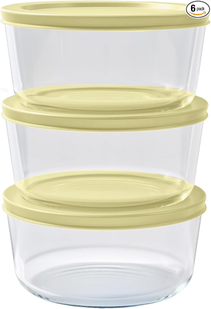6-Piece Glass Food Storage Containers Set (3 Containers + 3 BPA-Free Lids) | 4-Cup, Leakproof | Microwave, Freezer, Oven & Dishwasher Safe | Ideal for Meal Prep & Pantry Organization, Yellow