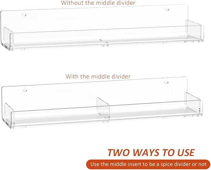 Sezanrpt Acrylic Spice Rack Wall Mount, Hanging Spice Shelf Racks for Seasonings, Kitchen Spice Jars Wall Organizer Storage Holder, 2 Pack