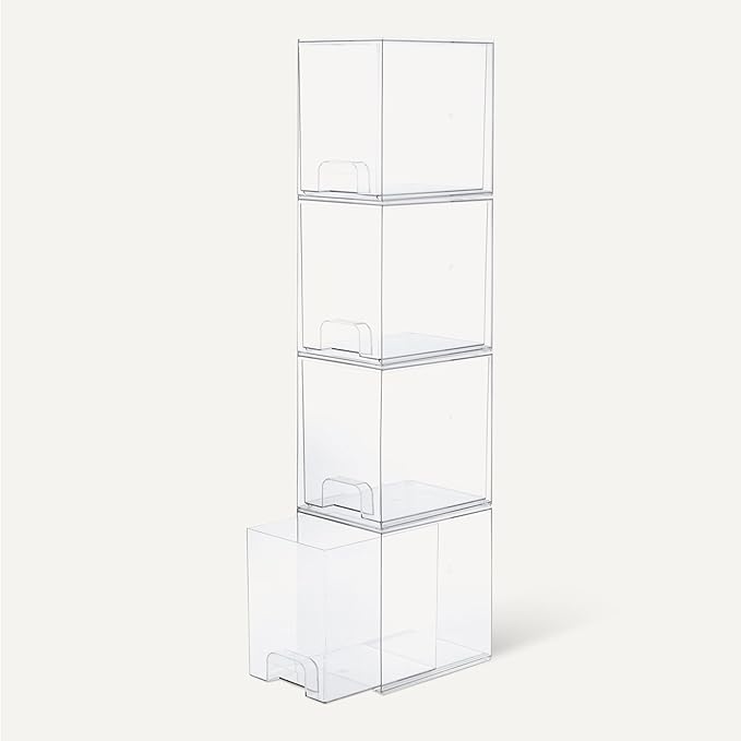 Amazon Basics Stackable Plastic Storage Makeup Organizer Drawers, Clear, 6.0" x 7.4" x 7.7", 4 Pack