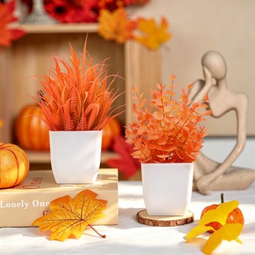 Der Rose 2 Pack Fake Plants Orange Mini Plants for Fall Home Decor - Image 3