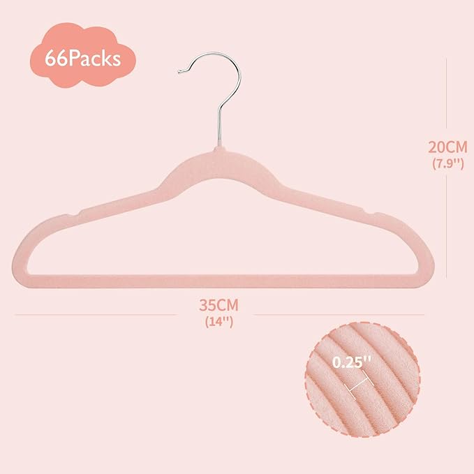 ManGotree 14 Inch Kids Velvet Hangers for Closet, Ultra-Thin Space Saving Children's Clothes Hangers, Non-Slip Felt Toddler Hanger for Youth's Clothes (66 Pack, Light Pink)