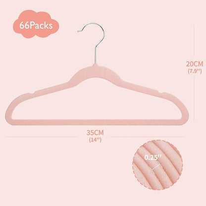 ManGotree 14 Inch Kids Velvet Hangers for Closet, Ultra-Thin Space Saving Children's Clothes Hangers, Non-Slip Felt Toddler Hanger for Youth's Clothes (66 Pack, Light Pink)