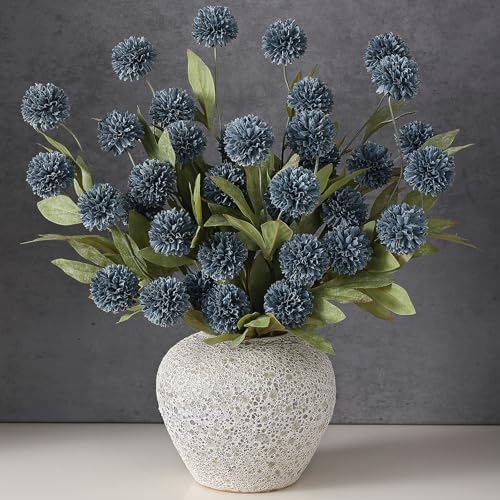 6 Pcs 27"Artificial Pompon Mum Silk Flower Stems for Vase (Dark Blue) by VIERENA