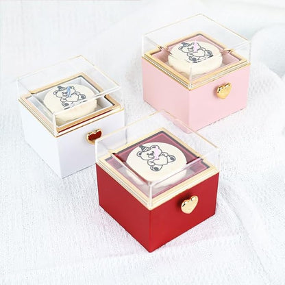 Magic Flip Jewelry Carousel with Heart Button Surprise, Rotating Transparent Gift Box - Bear Cake or Flower Design Organizer for Necklaces & Rings, Birthday Mothers Day Gifts for Women (Red Bear)