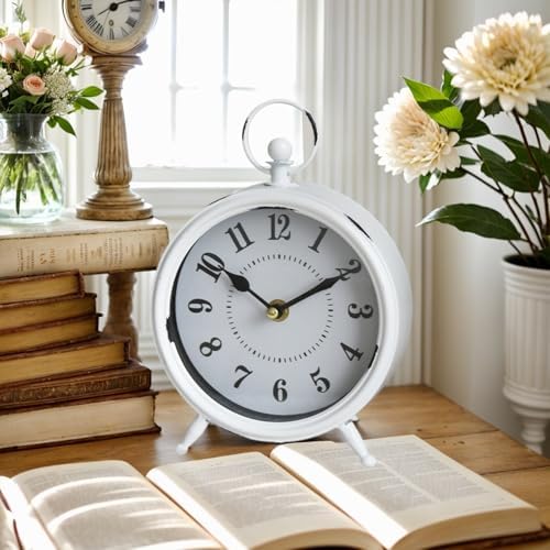 Small white table clock Vintage Rustic White Table Clock on Stand, Decorative Desk and Shelf Clock Farmhouse Mantel Clock Rustic Non-Ticking Clock - Image 5