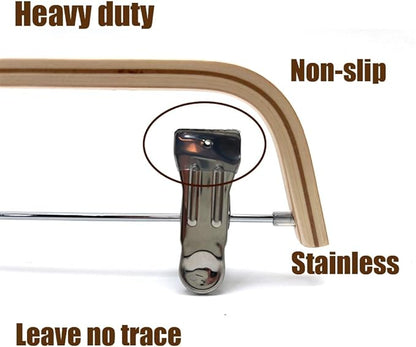30 Pack 14.5" Natural Wooden Pants Hangers, Clothes Display Wood Skirt Hanger Bottom Hangers Metal Adjustable Clips Hanger for Slacks, Jeans, Shorts