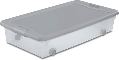 Sterilite 4-Pack 56 Quart Wheeled Latching Box, Underbed Plastic Storage Organizer, Silver - Under Bed Rolling Container Bin with Lid and Wheels for Home or Dorm Bedrooms and Closets