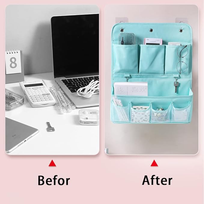 Hanging Organizer with Pockets – Wall & Door Storage Bag with 3 Sticky Hooks – Hanging Storage Organizer for Bathroom, Bedroom, Closet, Dorm, Washing Table (2Layer, Blue)