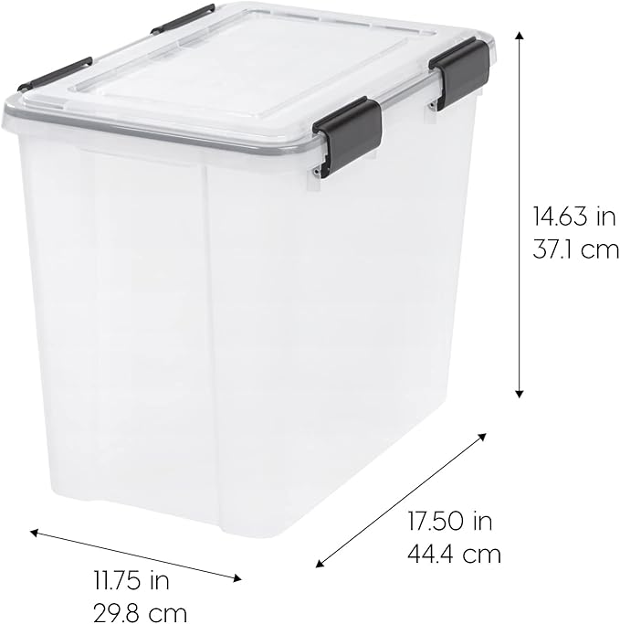 IRIS USA WeatherPro 32 Qt Storage Bins with Lids, 4 Pack, BPA-Free Plastic Gasket Box with Tight Latch and Seal, Stackable Nestable Tote Tub - Clear/Black