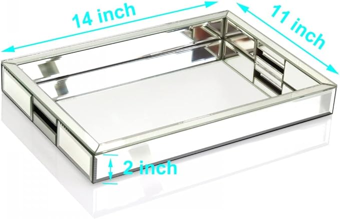Rectangle Silver Mirror Decorative Tray Size 11” Length x 14” Width x 2” Height, Mirrored Vanity Organizer with Hand, Markup Perfume Jewelry Tray for Bathroom Bedroom Dresser Coffee Table qmdecor