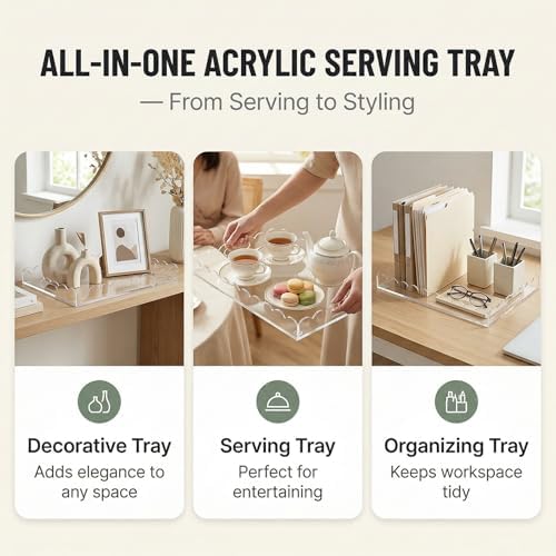 Clear Acrylic Serving Tray with Handles, 17 x 12 Inch Scalloped Decorative Tray for Coffee Table & Ottoman, Perfume & Cosmetics Organizer for Bathroom Vanity & Kitchen, Ideal for Drink & Snack - Image 5