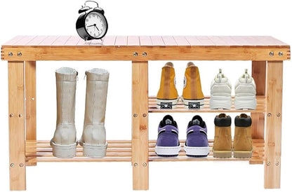 Bamboo Shoe Rack Bench with Boots Compartment , APLOS 3-Tier Shoe Organizer, Storage Shelf for Entryway Hallway Living Room, 35.43" L x 11.02" W x 17.72" H