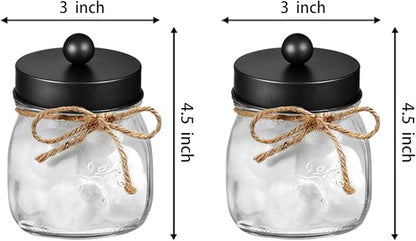Amolliar Mason Jar Bathroom Vanity Organizer - Farmhouse Decor Qtip Dispenser Holder Canister Glass - 8oz Mason Jars &Stainless Steel Lids for Q-tips,Cotton Swabs,Rounds,Bath Salts,Ball/Black,2-Pack