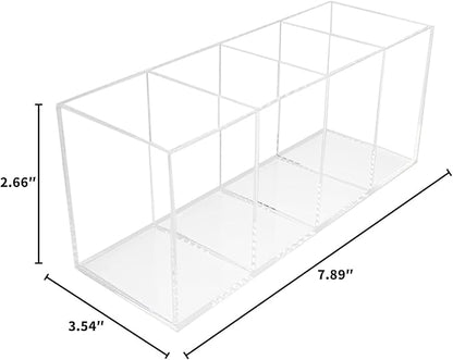 QPEY Large Acrylic Pen Holder 4 Compartments,Clear Pen Holder Organizer Makeup Brush Holder for Office Desk Accessories,Cosmetic Brush Storage Box,Dorm,Bathroom,Kitchen (Clear)