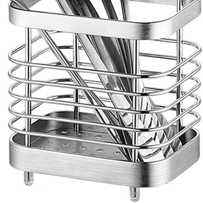 Cyrank Utensil Drying Rack Basket Holder, Stainless Steel Utensil Drying Rack, Flatware Silverware Caddie Holder Basket Organizer Draining Wall Mount No Drilling for Kitchen(S-silver)