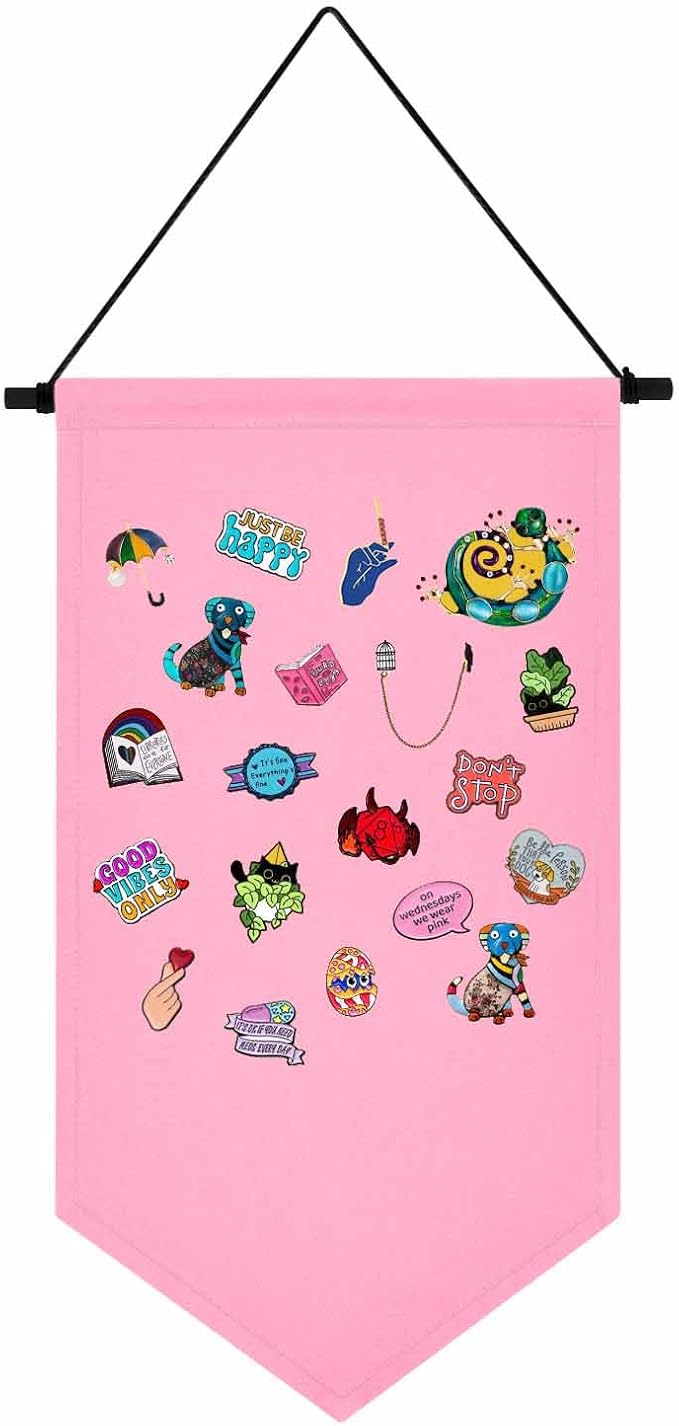 Wall Hanging Brooch Jewelry Storage Case Canvas Display Stand Enamel Pin Display Banner Holder Earrings Necklace Glitter Pin Collection Organizer (Pink)