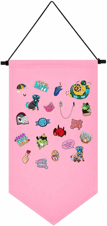 Wall Hanging Brooch Jewelry Storage Case Canvas Display Stand Enamel Pin Display Banner Holder Earrings Necklace Glitter Pin Collection Organizer (Pink)