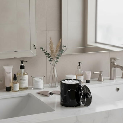 Bathroom Qtip Holder Dispenser with Lid,Vanity Cotton Swab Holder,Resin Cotton Ball Container,Makeup Sponges Cosmetics Canister,Bath Salts Storage Box for Bathroom (Marble Black)
