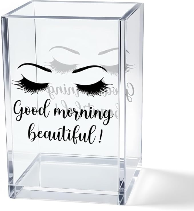 Good Morning Beautiful Acrylic Makeup Brush Organizer Holder, Positive Affirmation Desk Acrylic Brushes Storage, Make Up Artist Gifts, Morning Affirmation Gifts for Women Wife Mom Makeup Lover