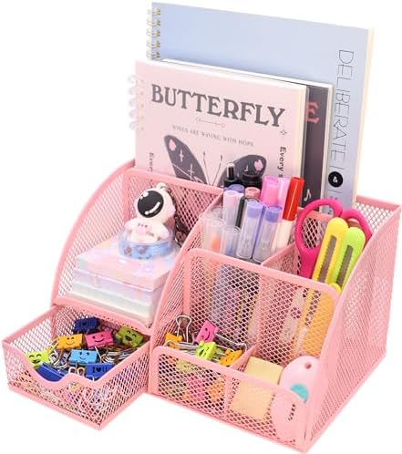Boutilon Mesh Desk Organizer Desktop Office Supplies Stationary Organizer with 6 Compartments and 1 Drawer Multi-Functional Caddy Pen Holder for Home Office School Desk Decor(Pink) by Boutilon
