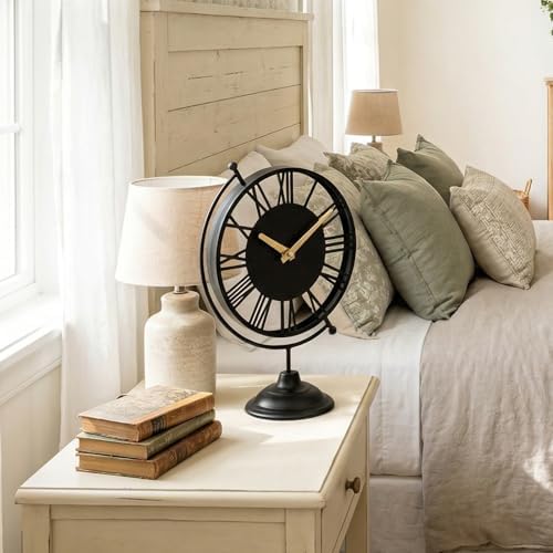 Vintage Black Globe Desk Clock - Silent Non-Ticking 10.8" Table Clock with Roman Numerals - Battery Operated Decorative Metal Shelf Clock for Living Room, Bedroom, Office, Mantel Decor - Image 6