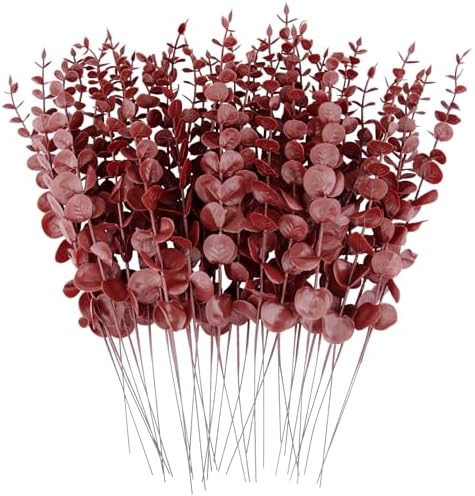 FEQO 36 Pcs Dark Red Artificial Eucalyptus Stems 15" Faux Eucalyptus Branch by FEQO