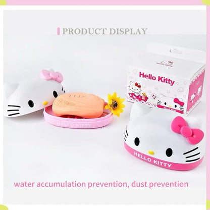 for Kitty Cute Soap Case Holder Container with Lid - Cute Soap Dish for Bathroom Accessories (White kt)