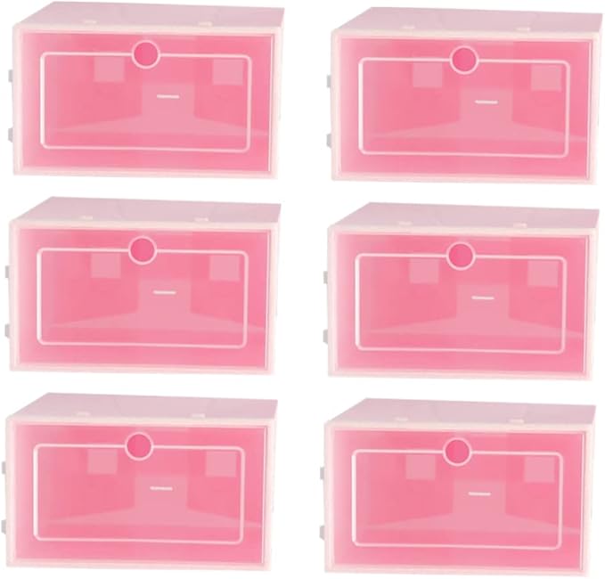 6PCS Transparent Stackable Shoe Containers Thickened Plastic Storage Boxes in Pink Small S Organizer for Sneakers and Closet Use Easy Shoe Visibility with Door