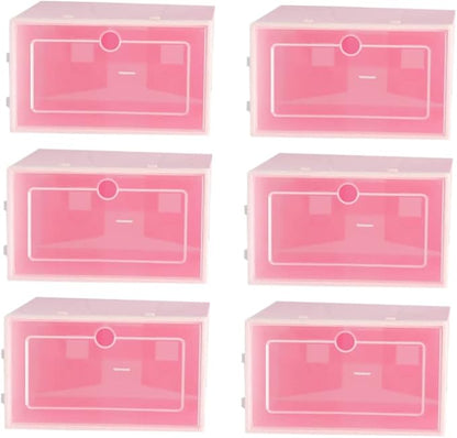 6PCS Transparent Stackable Shoe Containers Thickened Plastic Storage Boxes in Pink Small S Organizer for Sneakers and Closet Use Easy Shoe Visibility with Door