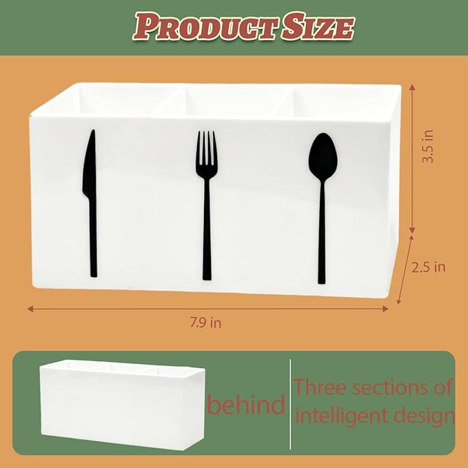 Acrylic Cutlery Storage Organizer Bin,3 Section Silverware Caddy with Spoon Fork Organizer, Clear Plastic Utensil Holder for Kitchen Countertop, Cabinet, Dining Room (White)