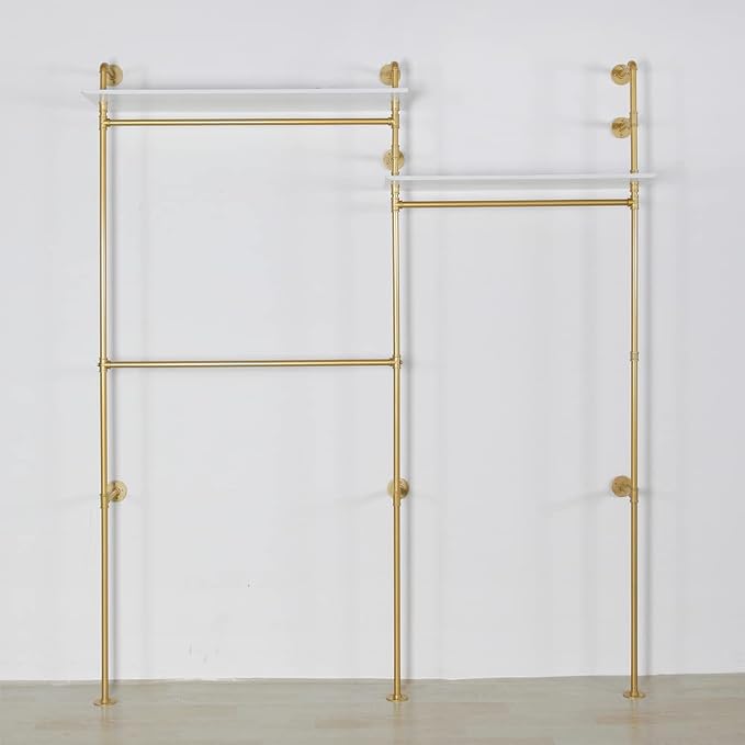 Industrial Pipe Clothing Rack Wall Mounted, Heavy Duty Hanging Clothes Rack Clothing Store Display Stands Garment Rack Closet System, 2 Tier Wood Garment Rack (Gold, 96.5x80.7inch)