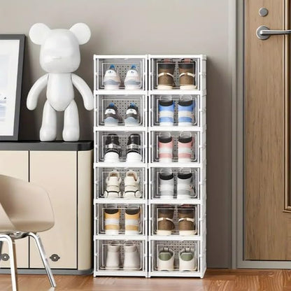 6 Pack Shoe Storage Box,10.1"x 13.6"x 40.5",Plastic Stackable Shoe Organizer for Entryway,Sneaker Container Bin Holder,White