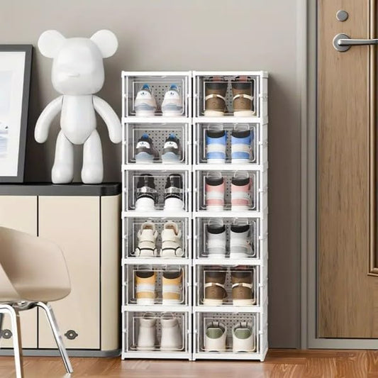 6 Pack Shoe Storage Box,10.1"x 13.6"x 40.5",Plastic Stackable Shoe Organizer for Entryway,Sneaker Container Bin Holder,White
