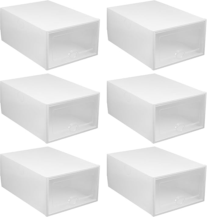 GLEAVI 6 Pcs Plastic Shoe Boxes with Flip- Design, Stackable Shoe Storage Organizer for Closet and Home, White 33x23x14cm